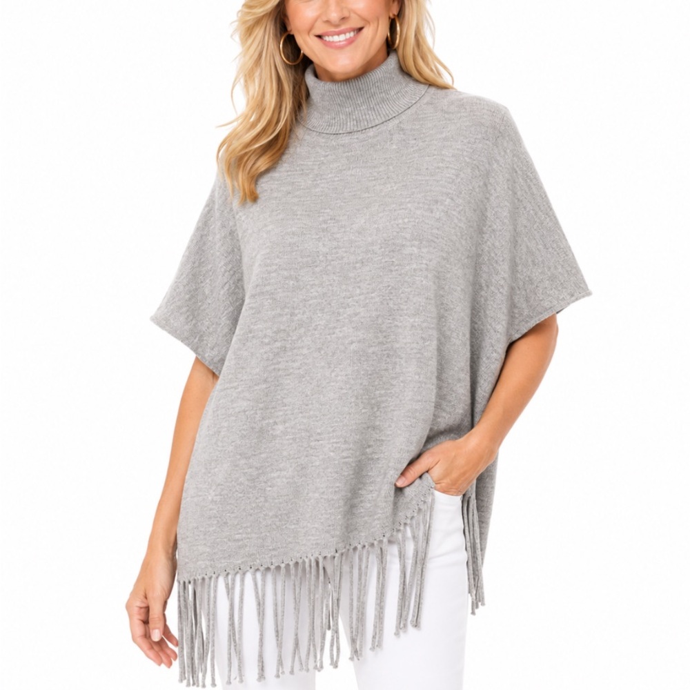 JOY JOY Gray Turtleneck Fringe Poncho Sweater M/L